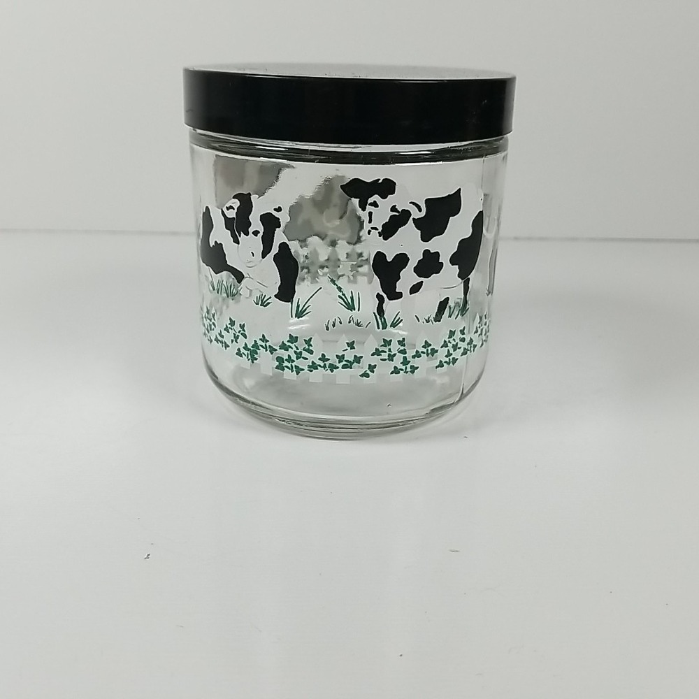 Farmhouse Pantry Storage Jar Clear Glass with Black and White Cows Anchor Glass